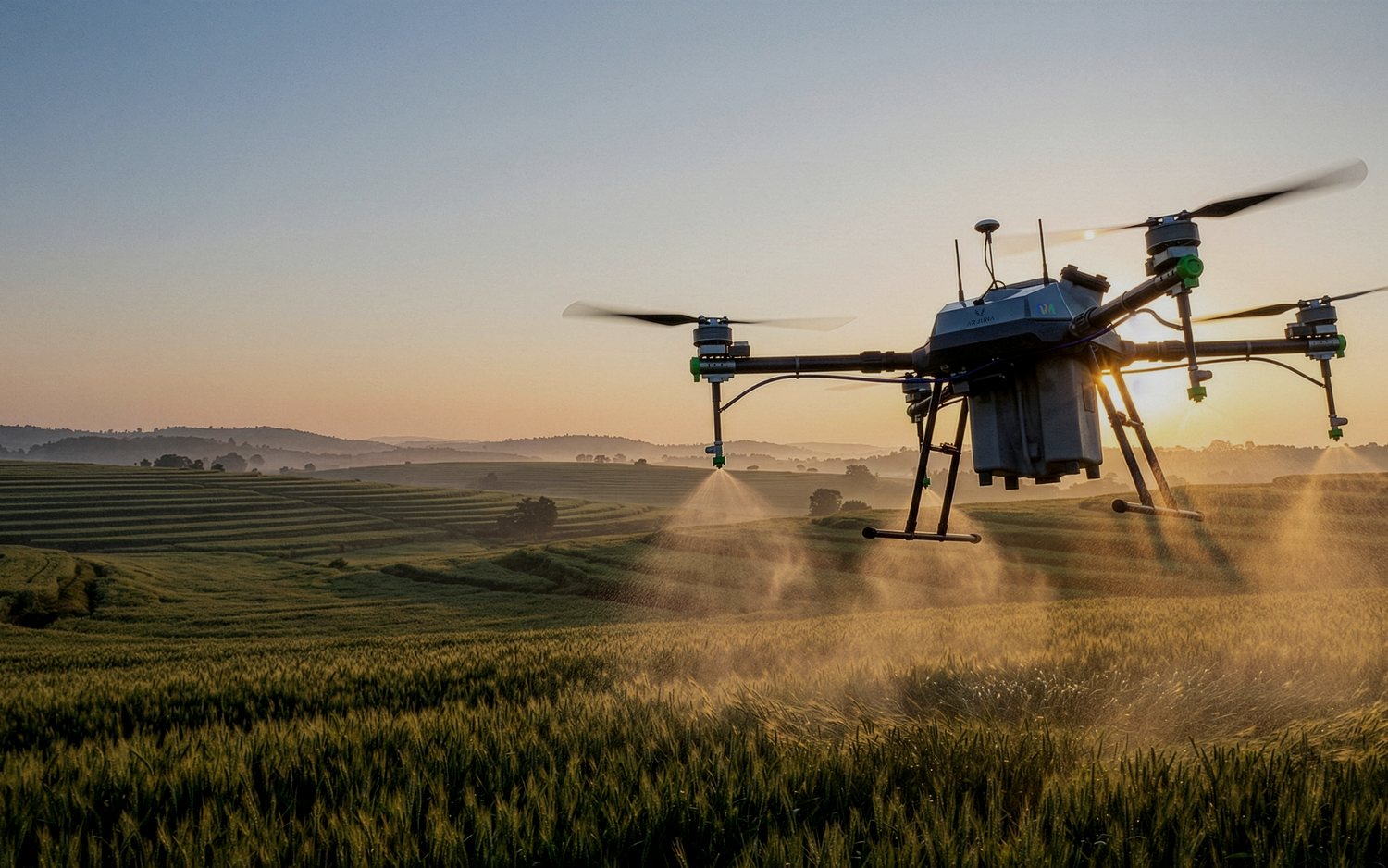 Arjuna spraying at golden hour over open farmland