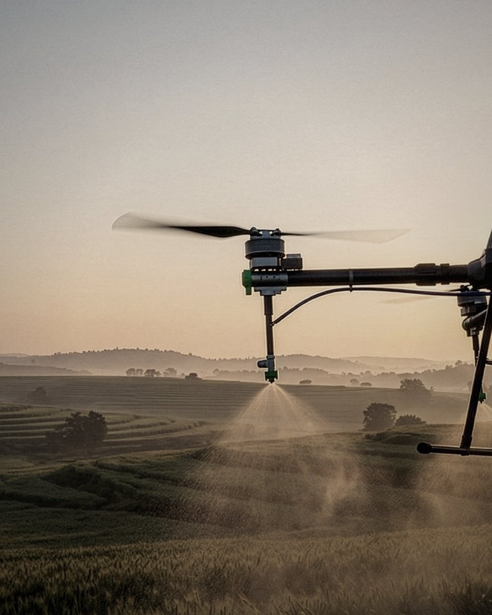 Arjuna spraying farmland at golden hour