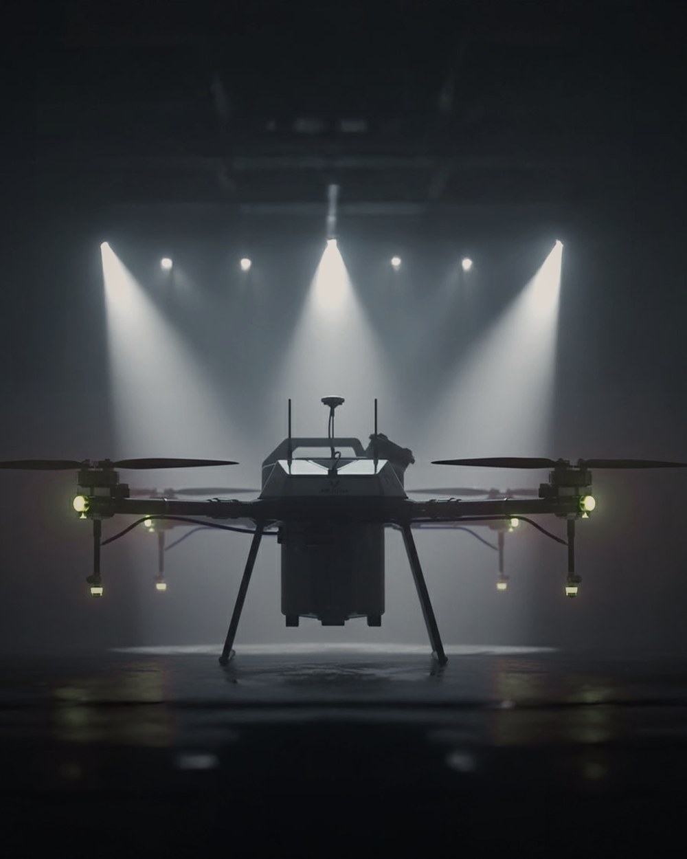 Drone airframe under studio lighting during flight test